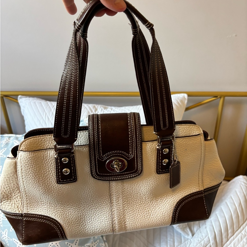 Coach Cream and Brown Satchel Handbag